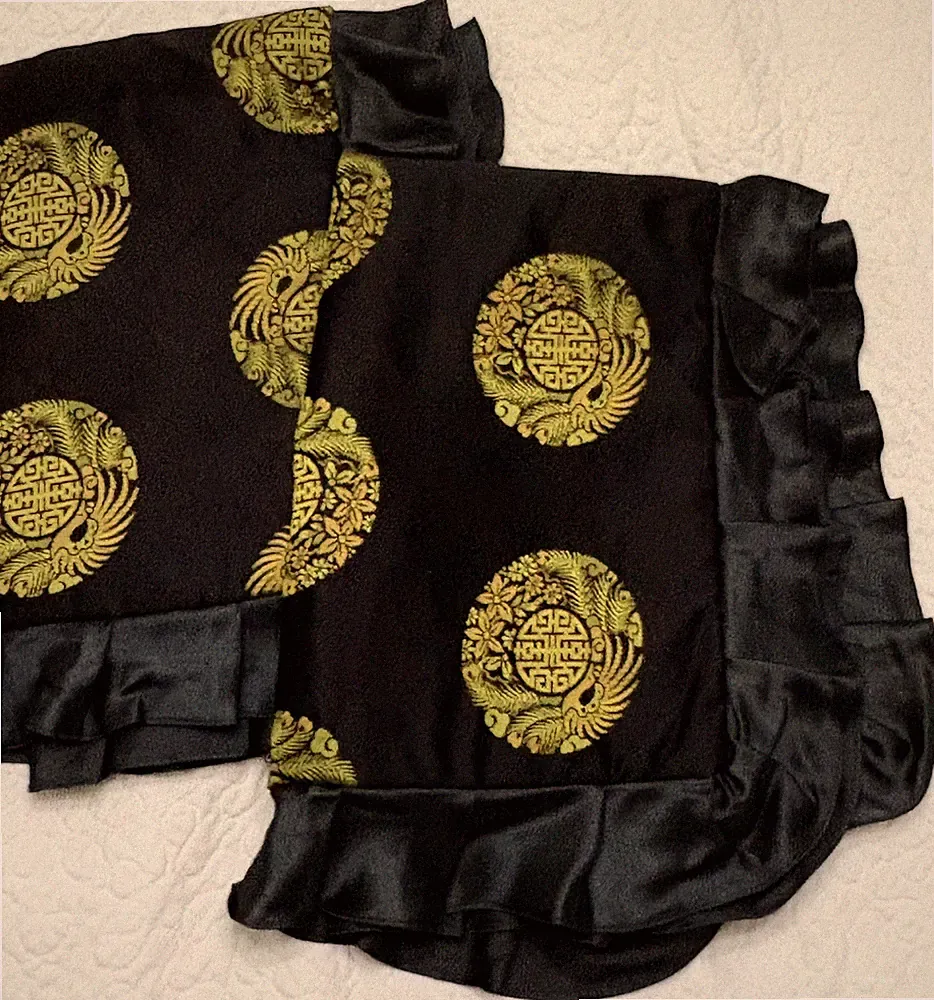 (2) Asian Black Satin Brocade Medallion Pillow Shams Standard Pillow Sz 27x17
