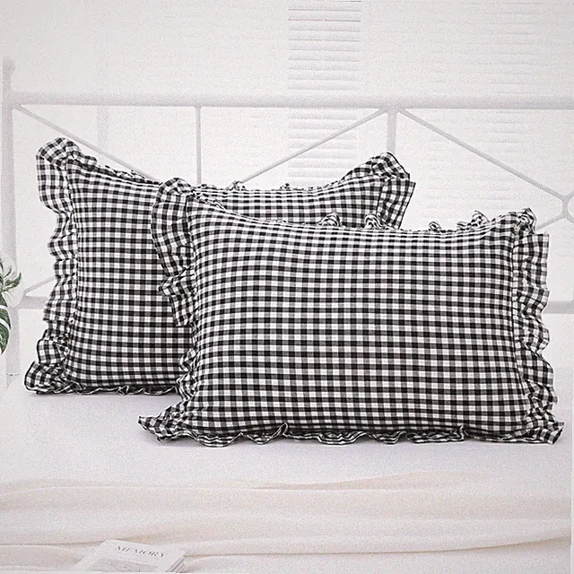2 Pack Black and White Plaid Ruffle Gingham Standard Pillow Shams, 100% Washe...