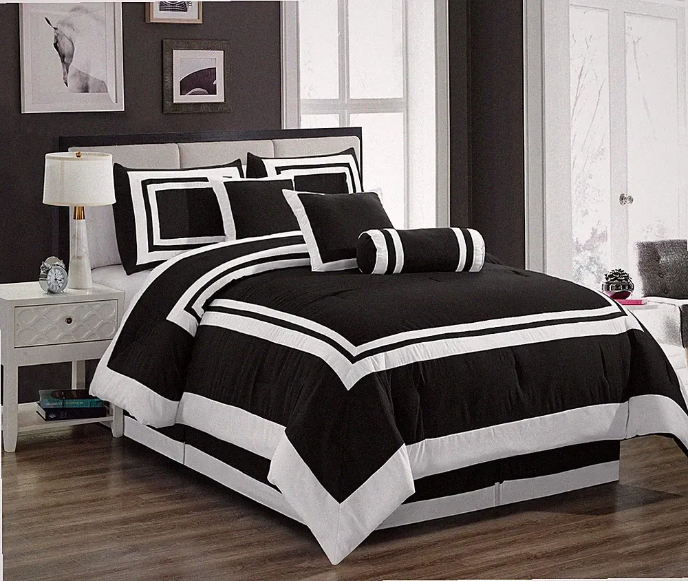 Chezmoi Collection Caprice 7-Piece Hotel Bedding Black White Block Comforter Set