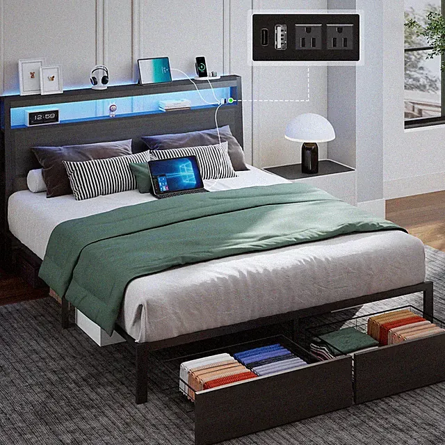 Full Queen Size Metal Platform Bed Frame with 2 Storage Drawers ＆Charging,LED