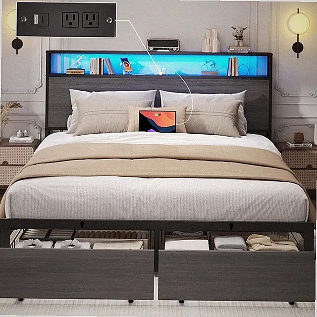 Queen Full Size Bed Frame with Storage Headboard &Charging Station＆ LED Lights