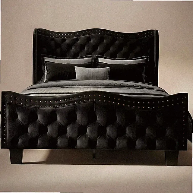 Queen Size Bed Frame - 50" Wingback Tufted Headboard/Footboard, Jet Black Velvet