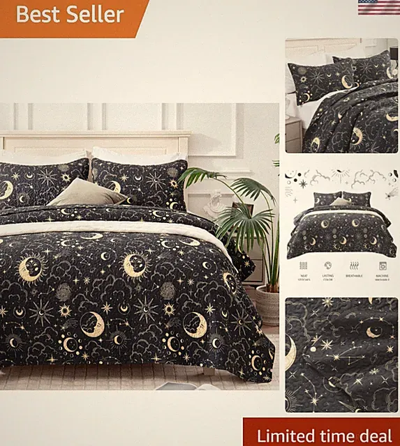 Quilt Set Full Queen Size Black Print 3 Piece,Lightweight Soft Coverlet Moder...